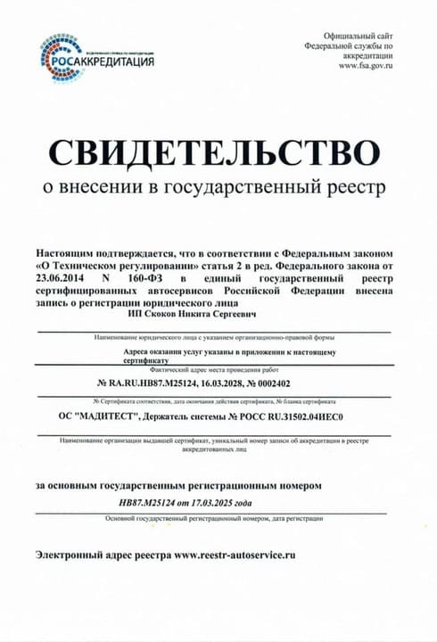 Свидетельство о внесении в государственный реестр